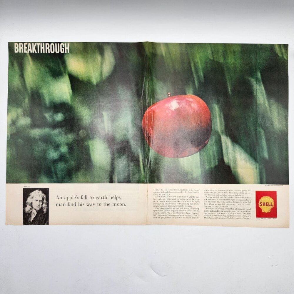 Vintage 70s Shell Oil Breakthrough Apple Sir Isaac Newton LIFE Magazine Print Ad